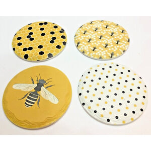Set of 4 Yellow White Black Honey Bee Honeycomb Coasters Ceramic Cork Backed
